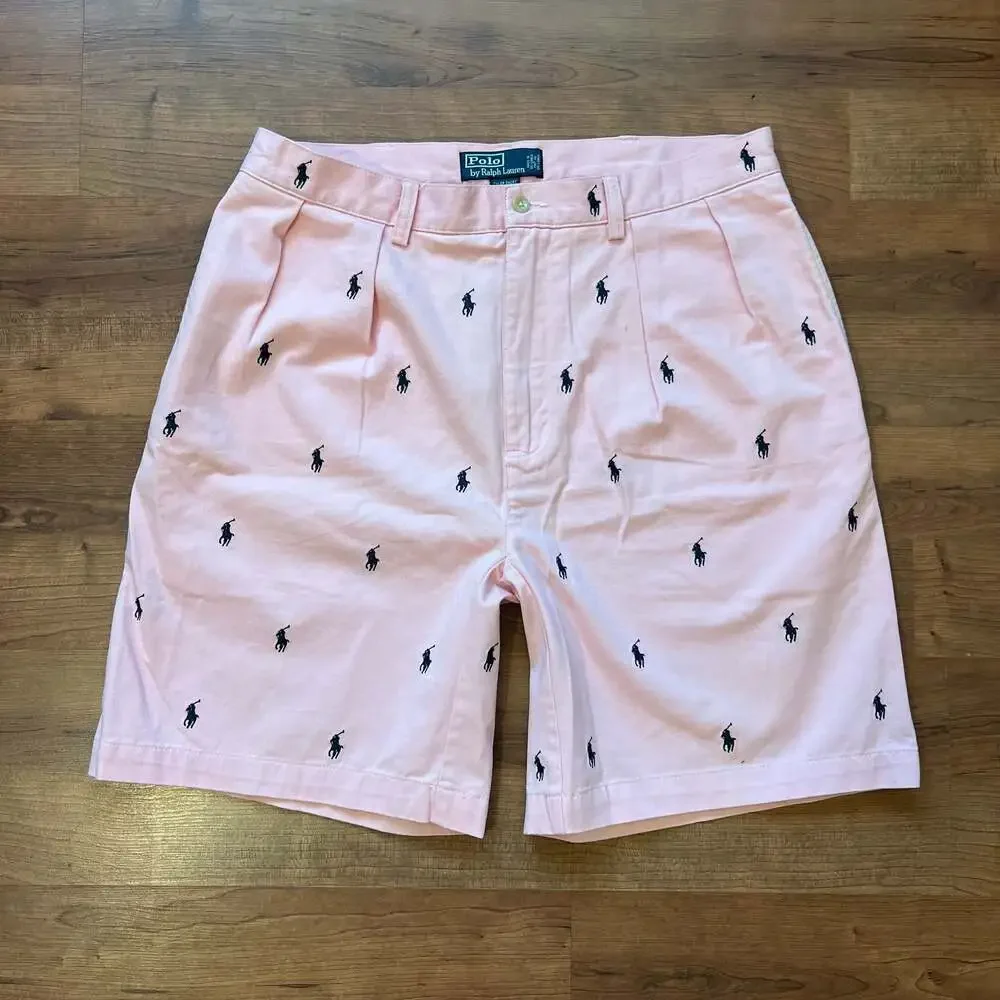 Polo Ralph Lauren Tyler All-Over Pony Print Pink Pleated Chino Shorts Sz 36